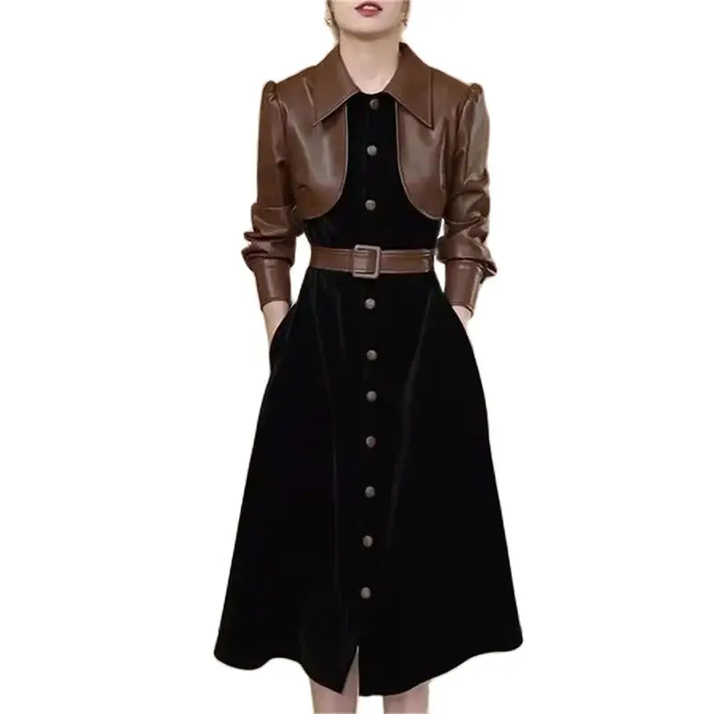 Patchwork Dress 2024 Autumn/Winter Waist Collection Splicing Dress Belt POLO Collar Fake Two Piece Long Dress Korean Fashion
Patchwork Dress 2024 Autumn/Winter Waist Collection Splicing Dress Belt POLO Collar Fake Two Piece Long Dress Korean Fashion