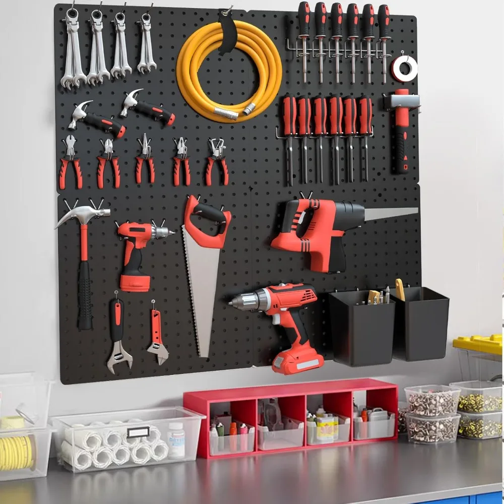 Black Pegboard 4pcs and 46 Peg Board Hooks with Strong Ribs Back Holds up for 200Ib,for Walls for Garage Workshop Office
Black Pegboard 4pcs and 46 Peg Board Hooks with Strong Ribs Back Holds up for 200Ib,for Walls for Garage Workshop Office