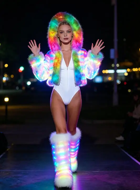 Women's LED Rainbow Faux Fur Cropped Jacket Color Changing Lights Hooded Coat for Rave Festival Party LED Coat with LED Shoes
Women's LED Rainbow Faux Fur Cropped Jacket Color Changing Lights Hooded Coat for Rave Festival Party LED Coat with LED Shoes