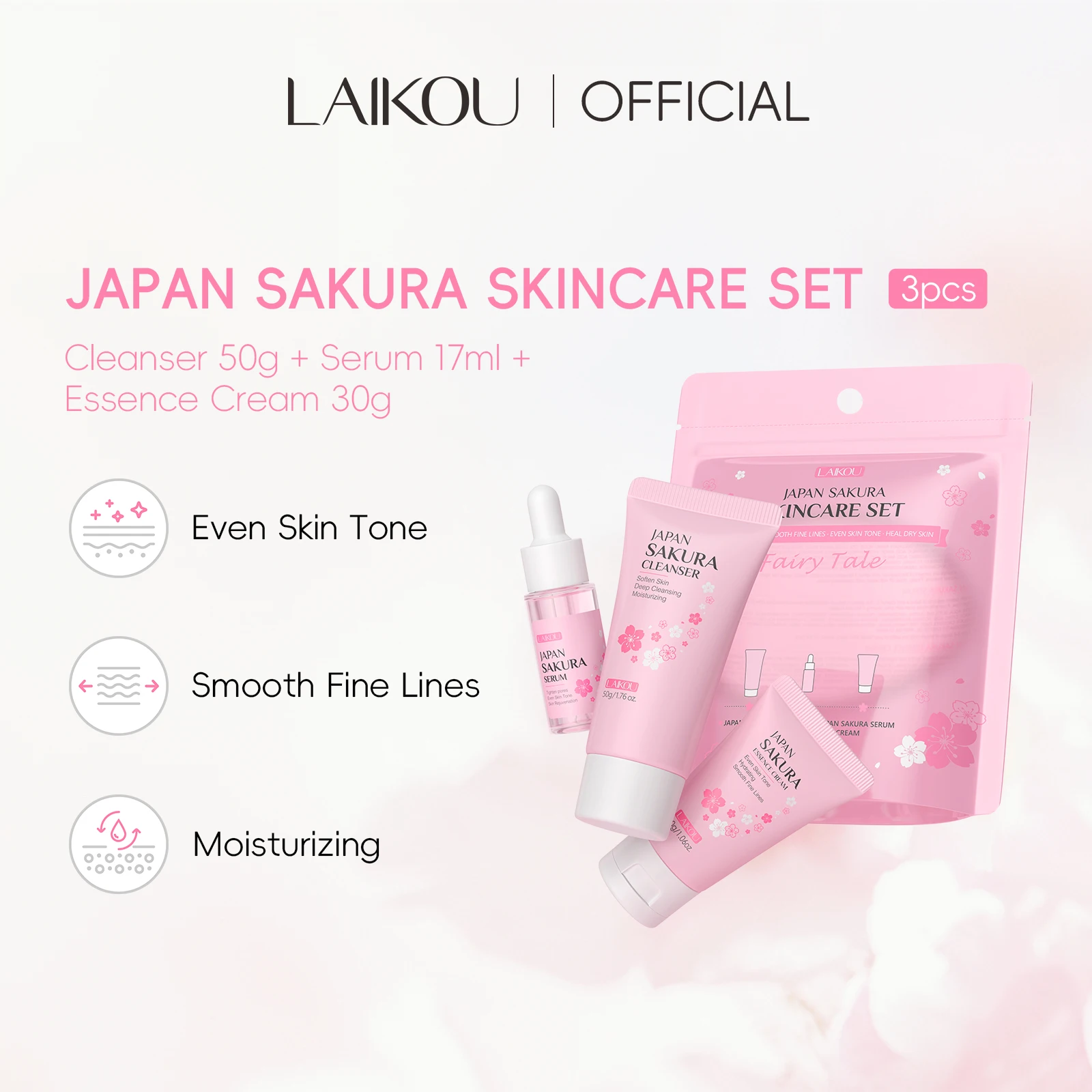LAIKOU Japan Sakura Skincare Set 3PCS Hydrating Anti-Aging Trio Cleanser Serum Moisturizer Brightening Treatment Kit
LAIKOU Japan Sakura Skincare Set 3PCS Hydrating Anti-Aging Trio Cleanser Serum Moisturizer Brightening Treatment Kit