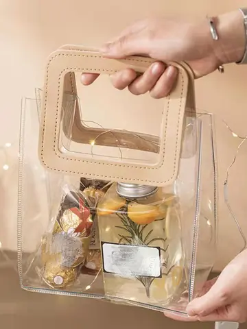 PVC Transparent Flower Gift Bags, White Handle Gift Decorated Handbag, Party Gift Decorative Bags For Party And Event