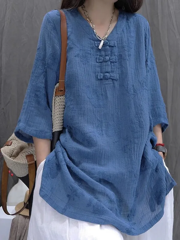 Cotton Linen Women's Summer New Loose V-ne irt Embroidered Svel Faionable Versatile Medium-length Sve Blouse
Cotton Linen Women's Summer New Loose V-ne irt Embroidered Svel Faionable Versatile Medium-length Sve Blouse