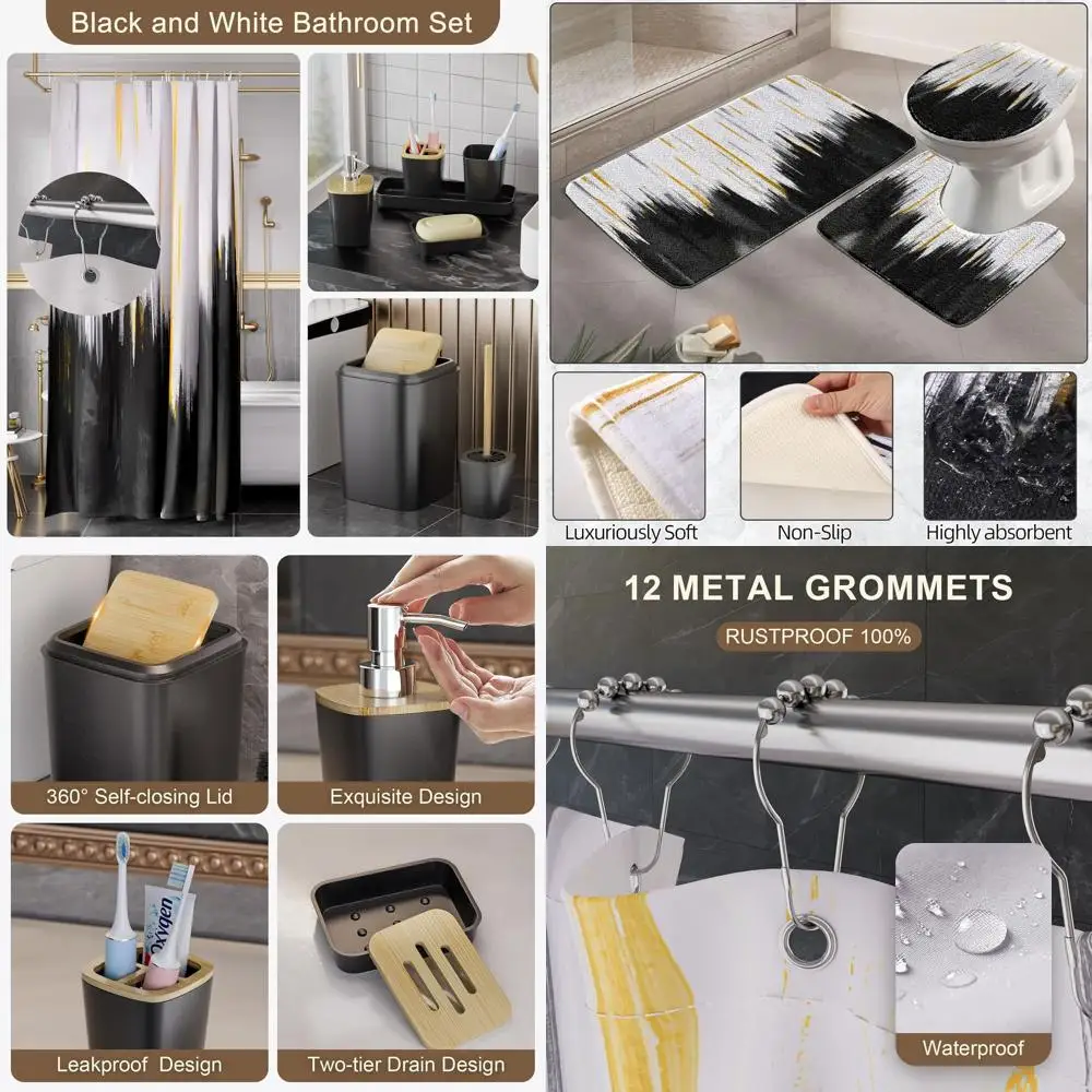Черно-белый набор аксессуаров для ванной комнаты из 24 предметов: водонепроницаемая занавеска для душа, коврики, щетка для унитаза, мусорное ведро и дозатор мыла
Черно-белый набор аксессуаров для ванной комнаты из 24 предметов: водонепроницаемая занавеска для душа, коврики, щетка для унитаза, мусорное ведро и дозатор мыла