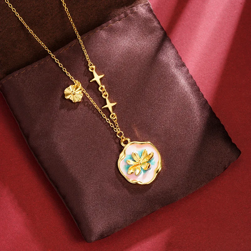 New 9999 24K real gold necklace, national dripping oil water lily collarbone chain, female Chinese style retro jewelry
New 9999 24K real gold necklace, national dripping oil water lily collarbone chain, female Chinese style retro jewelry