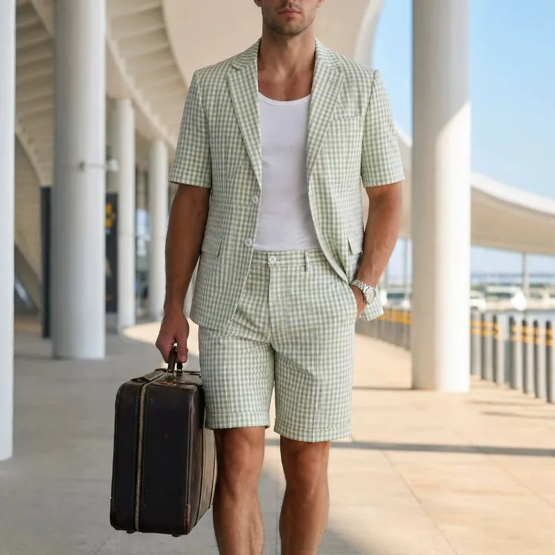 KIDWHXR Summer Man 2-piece Outfit Fashion Green Plaid Short Sleeve Men Suit Set Thin Breathable Business Casual Male Suits
KIDWHXR Summer Man 2-piece Outfit Fashion Green Plaid Short Sleeve Men Suit Set Thin Breathable Business Casual Male Suits