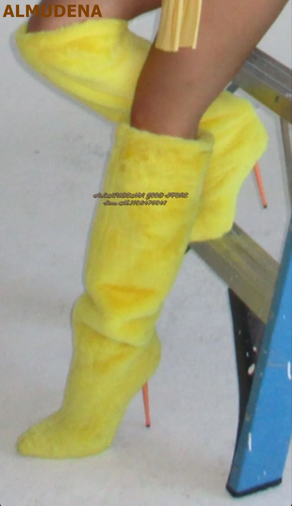 ALMUDENA Yellow Fur Luxury Knee High Boots Winter Warm Plush Pointed Toe Boots Orange Stiletto Heels Long Dress Shoes Real Photo
ALMUDENA Yellow Fur Luxury Knee High Boots Winter Warm Plush Pointed Toe Boots Orange Stiletto Heels Long Dress Shoes Real Photo