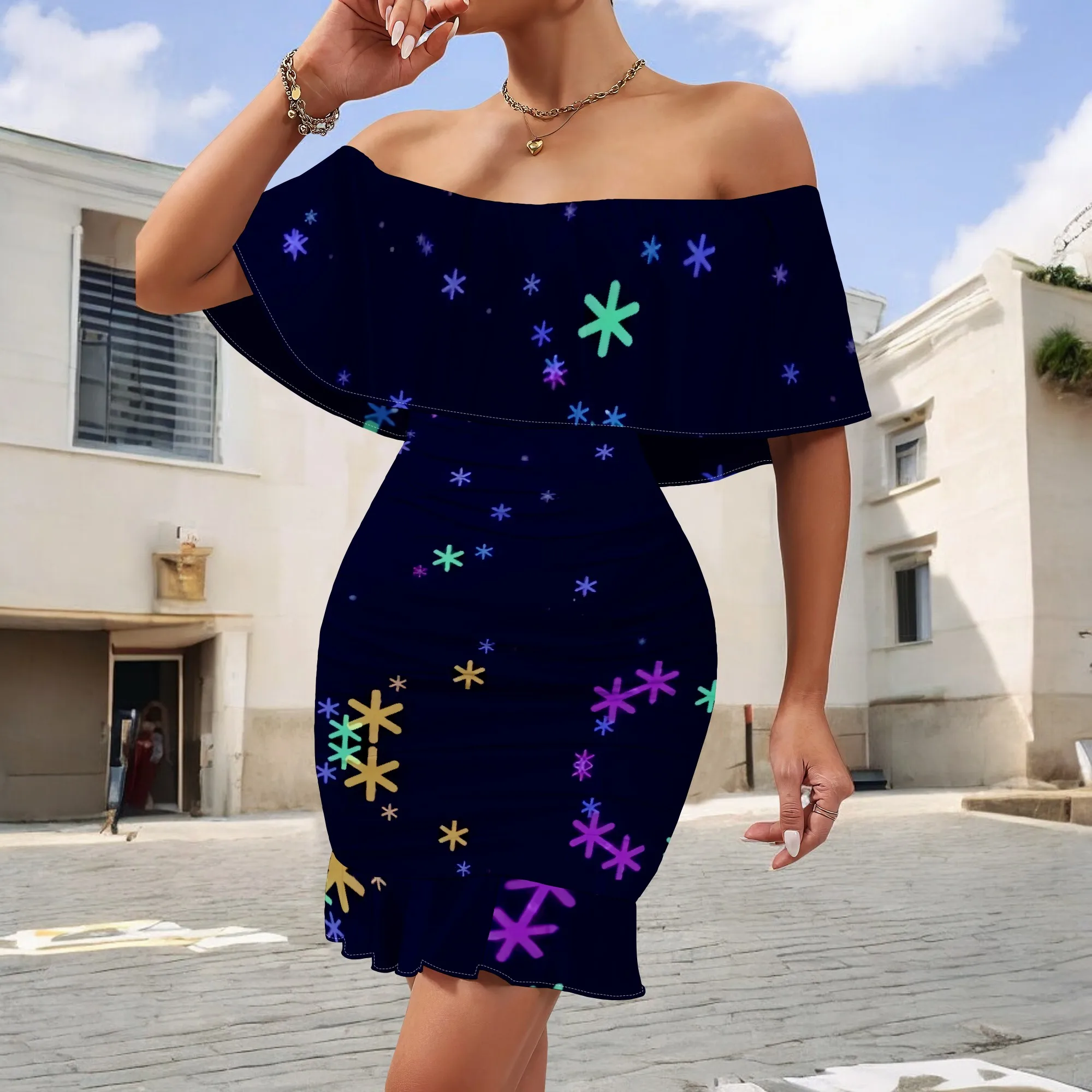 S-3XL Women Sexy Off Shoulder Ruffle Mini Dress Starry Sky Floral Print Bodycon Short Party Club Dress for Summer Night Out Prom
S-3XL Women Sexy Off Shoulder Ruffle Mini Dress Starry Sky Floral Print Bodycon Short Party Club Dress for Summer Night Out Prom