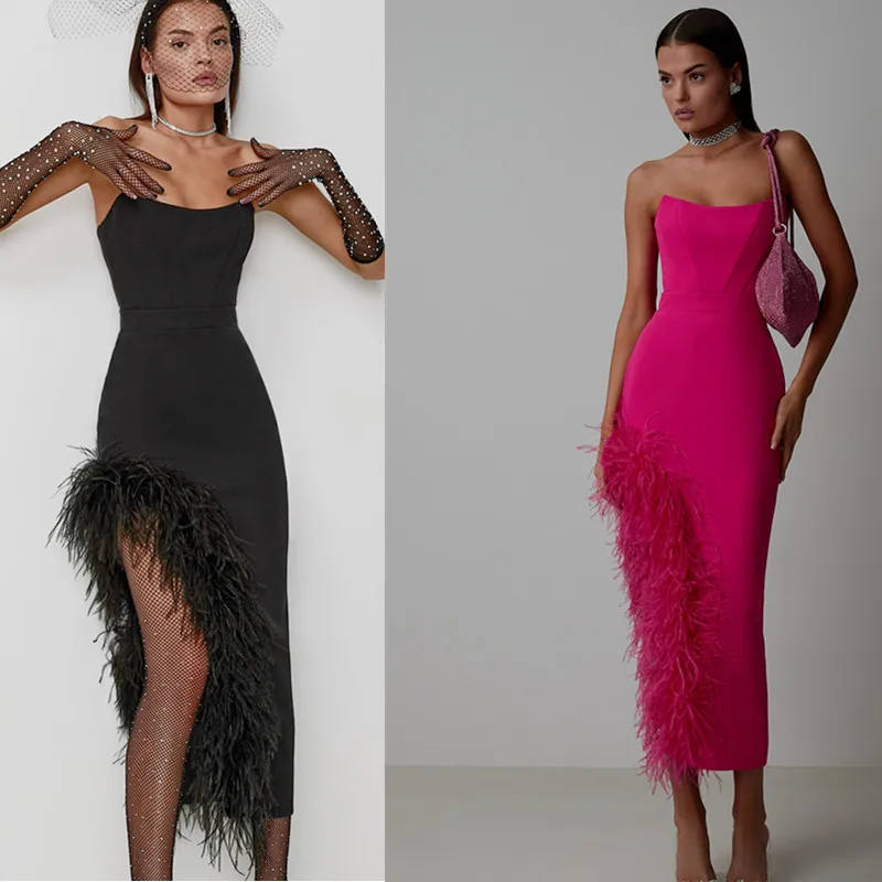 Black Feather Trim Wrap Dress Mid-Length Slim Fit Party Gown Elegant Style Knitted Fabric No-Sleeve Elastic Waist Bandage Skirt
Black Feather Trim Wrap Dress Mid-Length Slim Fit Party Gown Elegant Style Knitted Fabric No-Sleeve Elastic Waist Bandage Skirt