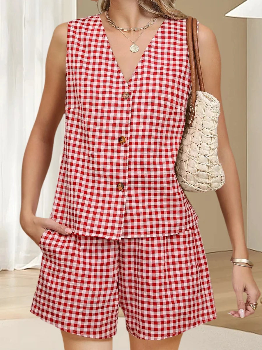 Women 2-Piece Summer Outfits Plaid Print V-Neck Button Tank Tops and Elastic Shorts for Club Streetwear Fashion Clothes
Women 2-Piece Summer Outfits Plaid Print V-Neck Button Tank Tops and Elastic Shorts for Club Streetwear Fashion Clothes