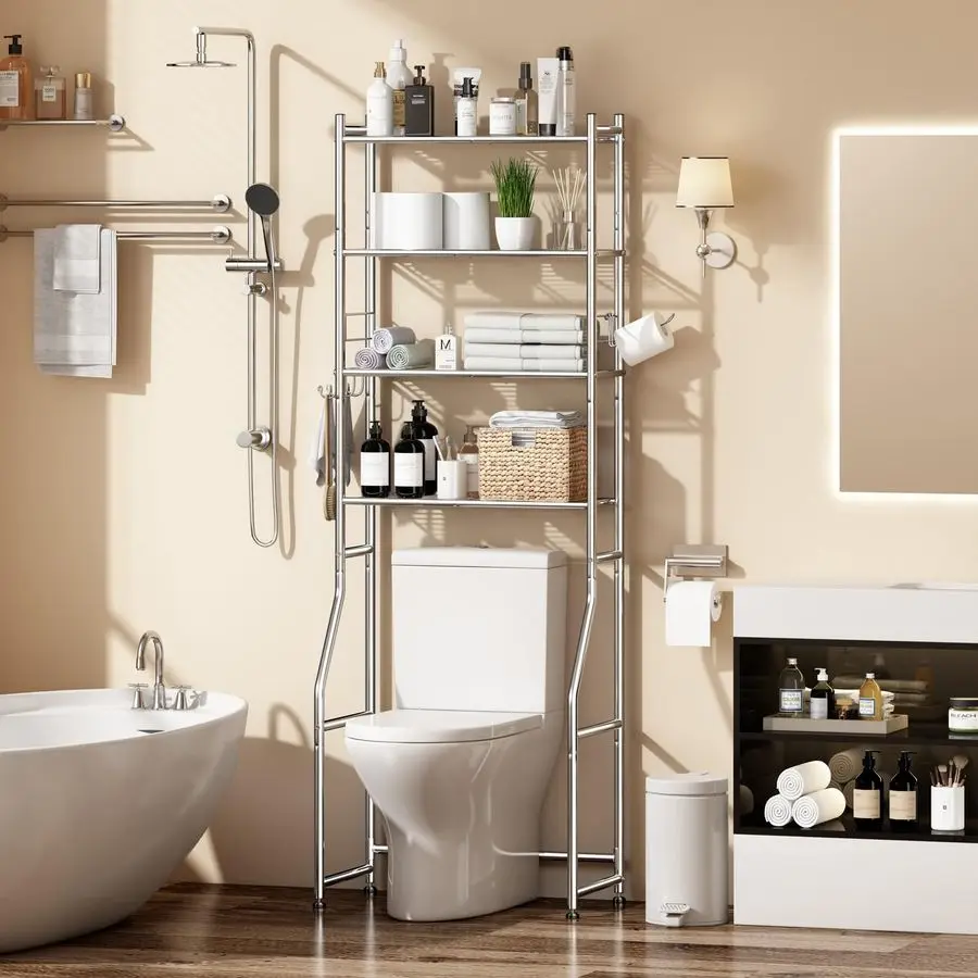 The Toilet Storage Cabinet, Metal 4 Tier Bathroom Shelves Over Toilet, Bathroom Oragnizer with 4 Hooks and Paper Holder, Chrome
The Toilet Storage Cabinet, Metal 4 Tier Bathroom Shelves Over Toilet, Bathroom Oragnizer with 4 Hooks and Paper Holder, Chrome