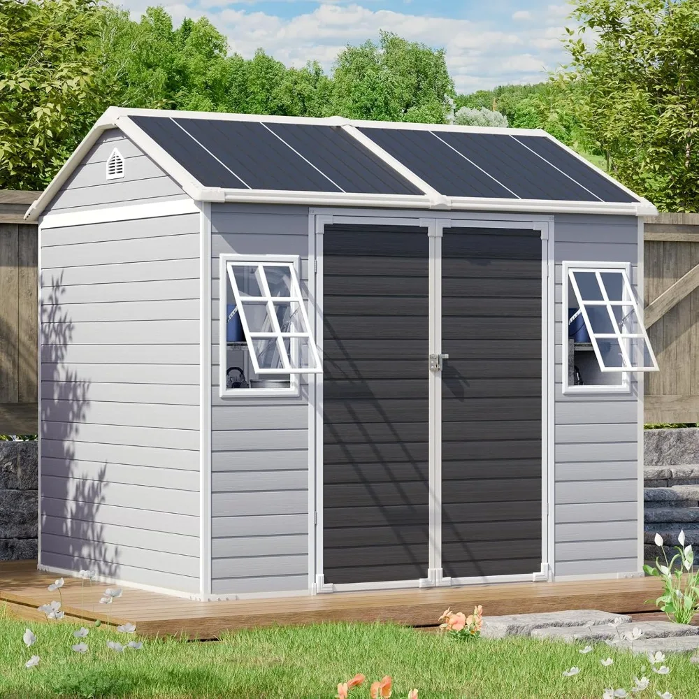 8x6 FT Resin Storage Sheds with Floor and Openable 2 Windows, Reinforced Frame Waterproof Outdoor Plastic Garden, Customized
8x6 FT Resin Storage Sheds with Floor and Openable 2 Windows, Reinforced Frame Waterproof Outdoor Plastic Garden, Customized