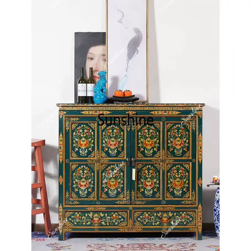 Chinese painted solid wood porch cabinet retro green double door living room partition cabinet
Chinese painted solid wood porch cabinet retro green double door living room partition cabinet