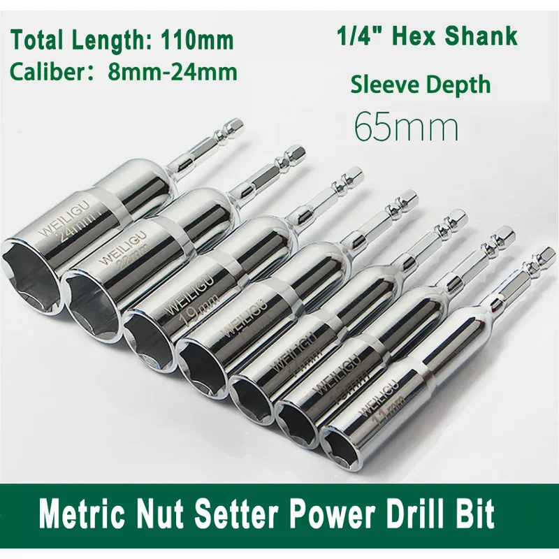 Sleeve Deptl 65mm Impact Nut Driver Metric Nut Setter Power Drill Bit 1/4" Hex Shank Socket Caliber 8mm-24mm Total Length 110mm
Sleeve Deptl 65mm Impact Nut Driver Metric Nut Setter Power Drill Bit 1/4" Hex Shank Socket Caliber 8mm-24mm Total Length 110mm