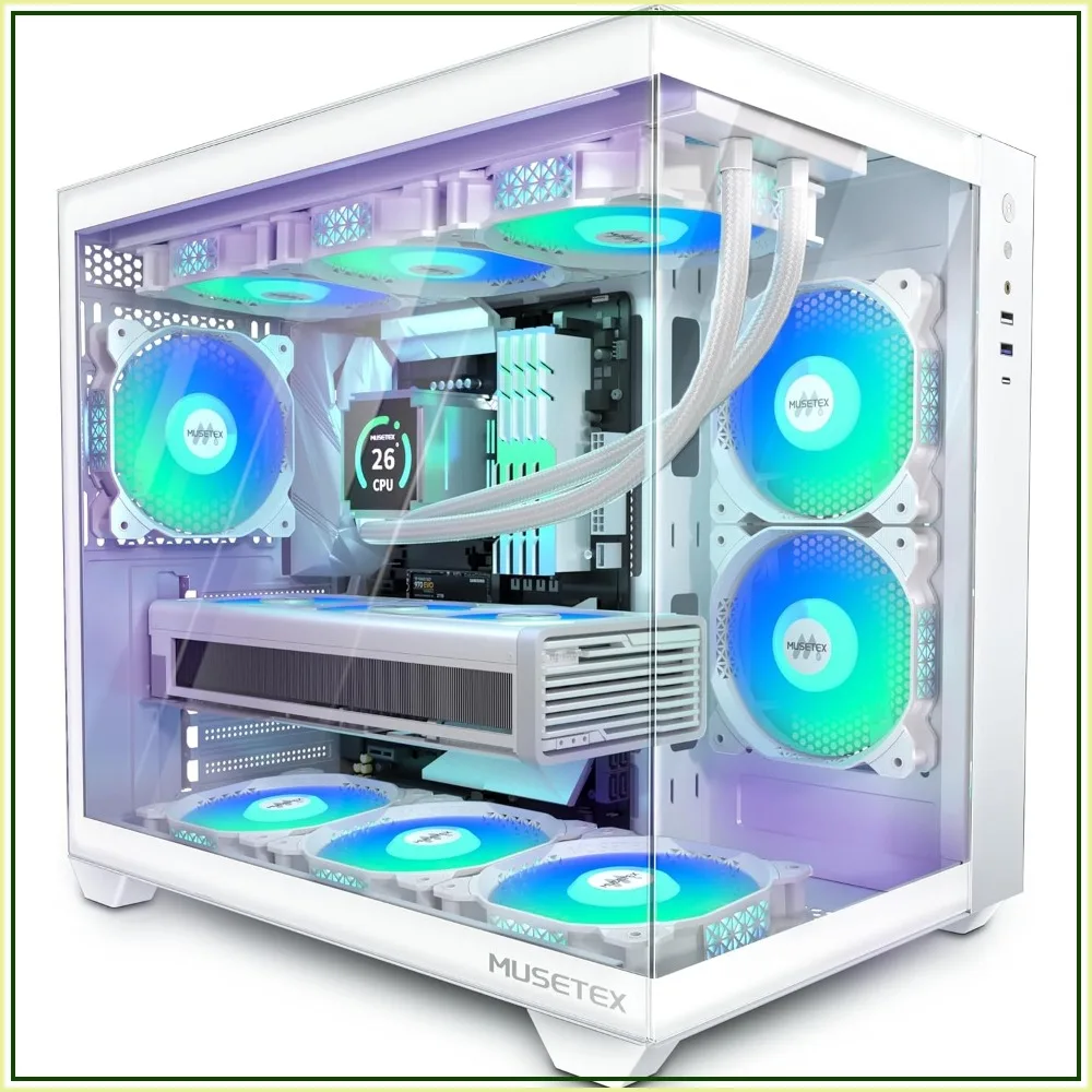 270° Full View Tempered Glass Mid Tower PC Case, 6 PWM ARGB Fans Pre-Installed, 360mm Radiator Support, Type-C, Pure White ATX Computer Case
270° Full View Tempered Glass Mid Tower PC Case, 6 PWM ARGB Fans Pre-Installed, 360mm Radiator Support, Type-C, Pure White ATX Computer Case