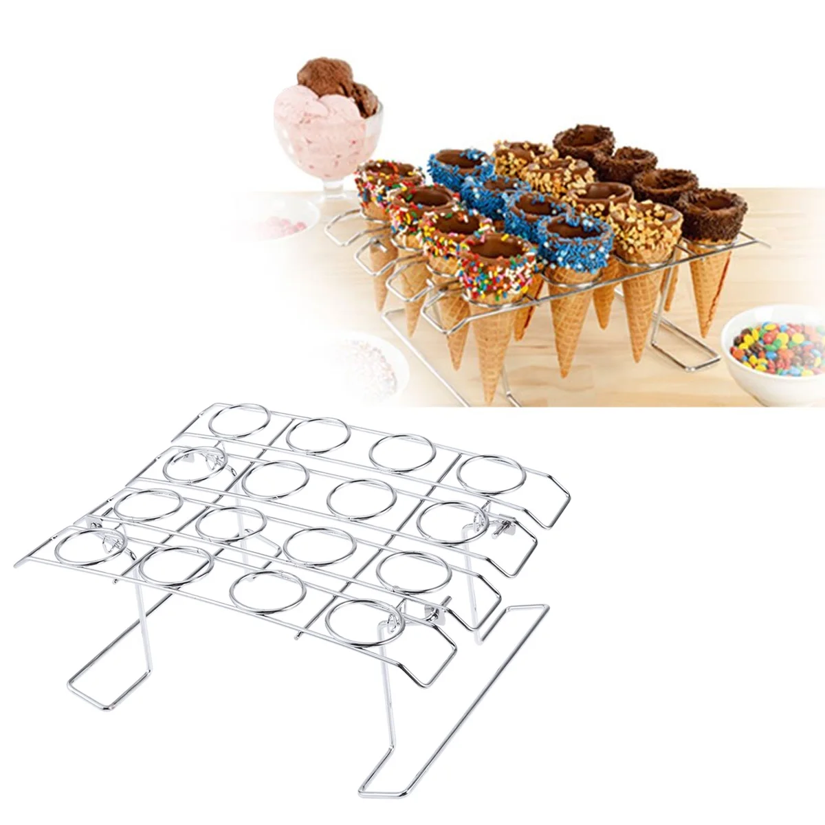 16-Cavity Stainless Steel Ice Cream Cone Holder Foldable Dessert Display Stand Cupcakes Baking Rack for Home Cafe Dessert Shop
16-Cavity Stainless Steel Ice Cream Cone Holder Foldable Dessert Display Stand Cupcakes Baking Rack for Home Cafe Dessert Shop