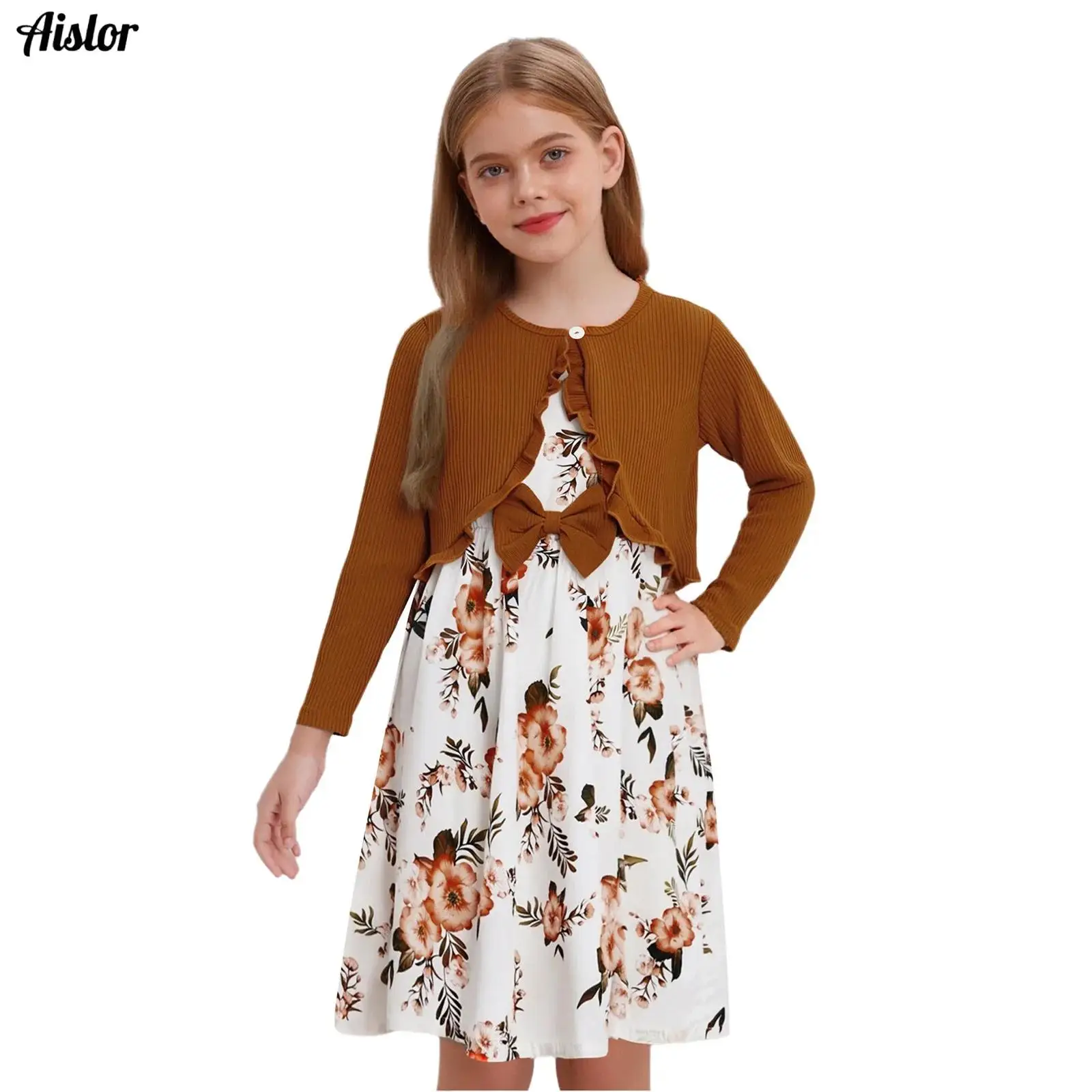 Kids Girls 2-Piece Casual Outfit Sleeveless Bowknot Floral Print Elastic Waist Dress with Long Sleeve Ruffles Ribbed Cardigan
Kids Girls 2-Piece Casual Outfit Sleeveless Bowknot Floral Print Elastic Waist Dress with Long Sleeve Ruffles Ribbed Cardigan