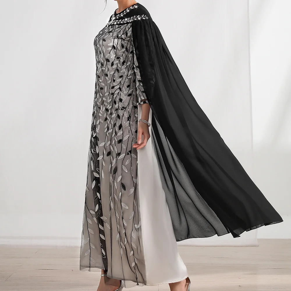 BA2510 new black and white leaf mesh embroidery fashion cape fake two-piece dress Dubai lady dress
BA2510 new black and white leaf mesh embroidery fashion cape fake two-piece dress Dubai lady dress