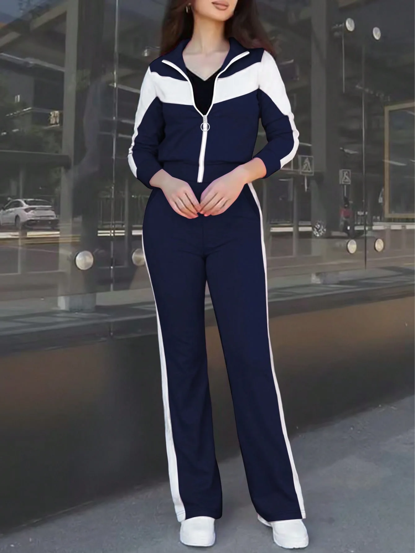 Spring Color Blocking Casual Pants Suit Women Long Sleeves Zipper Coat+high Waist Straight Wide-leg Pants Female Two Piece Set
Spring Color Blocking Casual Pants Suit Women Long Sleeves Zipper Coat+high Waist Straight Wide-leg Pants Female Two Piece Set