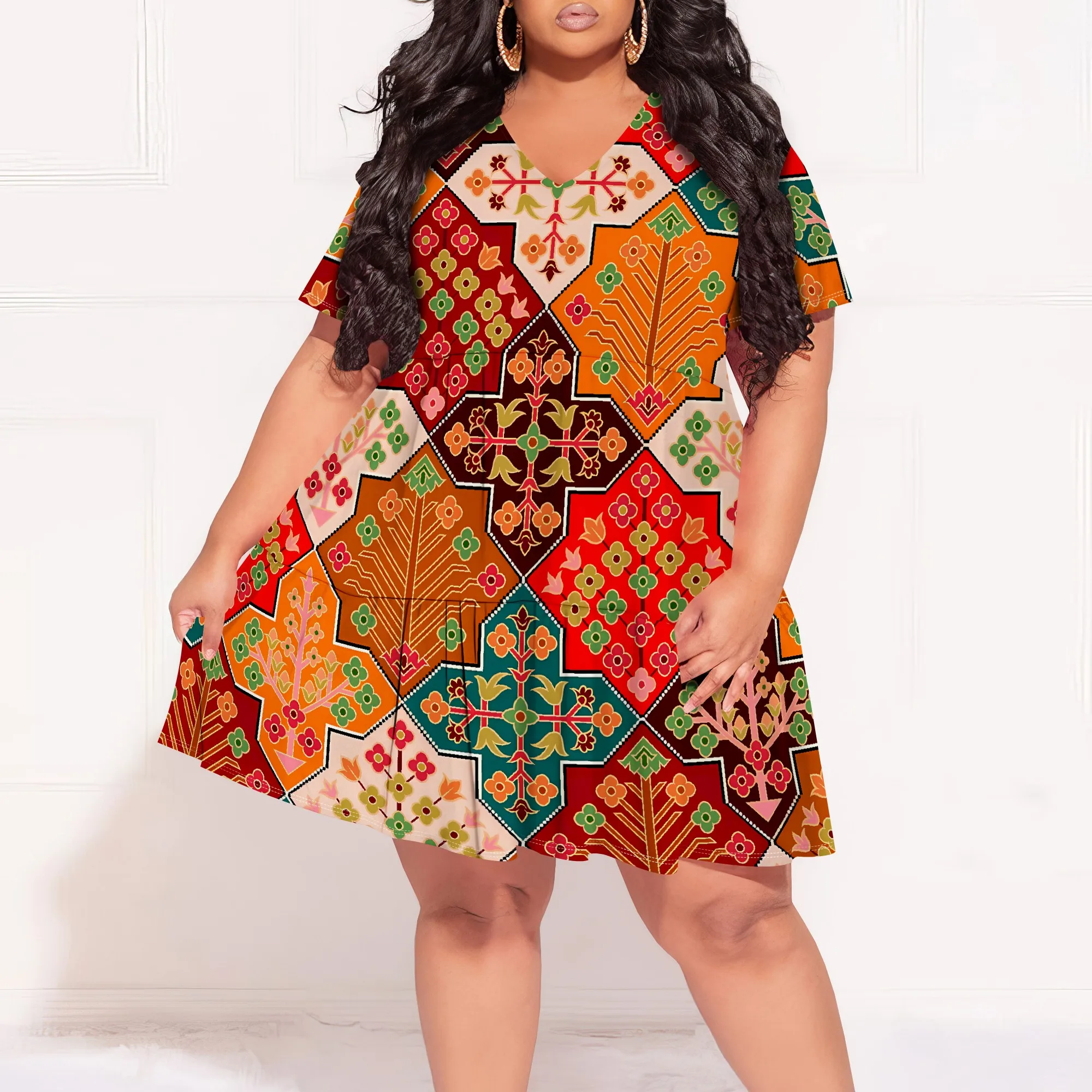 Plus Size Tribal Patchwork Print V Neck Mini Dress Short Sleeve Bohemian Summer Dress
Plus Size Tribal Patchwork Print V Neck Mini Dress Short Sleeve Bohemian Summer Dress