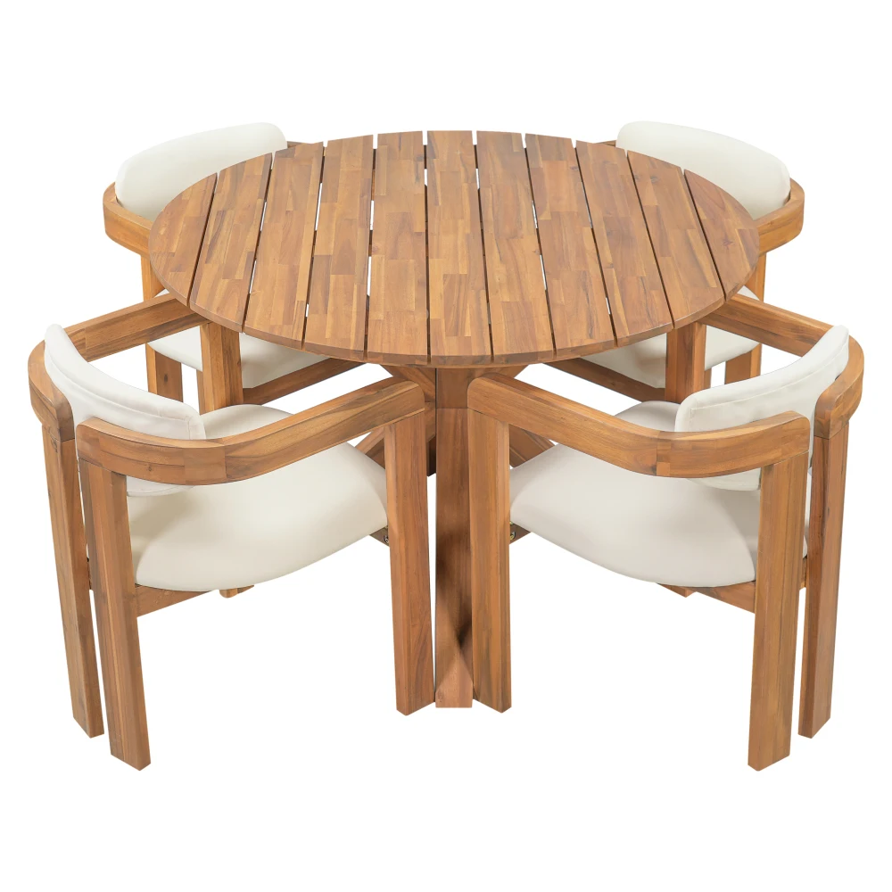 5-Piece Outdoor Acacia Wood Round Dining Set, Solid Wood Patio Table with 4 Barrel Chairs, Cushioned Seats & Backs, Modern Garden Conversation Set, Beige Cushion
5-Piece Outdoor Acacia Wood Round Dining Set, Solid Wood Patio Table with 4 Barrel Chairs, Cushioned Seats & Backs, Modern Garden Conversation Set, Beige Cushion