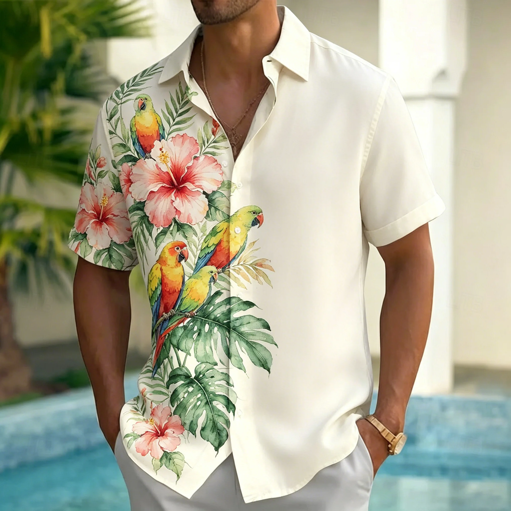 Men's Short Sleeve Button Shirt, Off White Half Side Parrot Hibiscus Tropical Leaf Print, for Summer Daily Vacation Outfits
Men's Short Sleeve Button Shirt, Off White Half Side Parrot Hibiscus Tropical Leaf Print, for Summer Daily Vacation Outfits