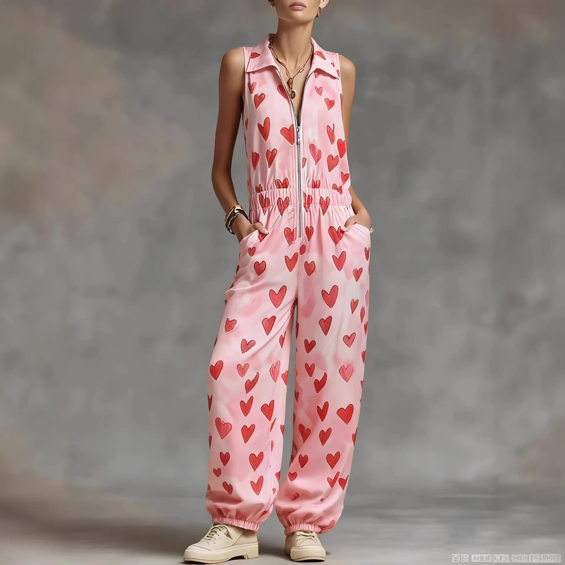 Минималистичный женский комбинезон без рукавов с принтом в виде сердечек, воротником-лацканом, застежкой-молнией на талии, свободного кроя, повседневный, летний, уличный стиль
Минималистичный женский комбинезон без рукавов с принтом в виде сердечек, воротником-лацканом, застежкой-молнией на талии, свободного кроя, повседневный, летний, уличный стиль