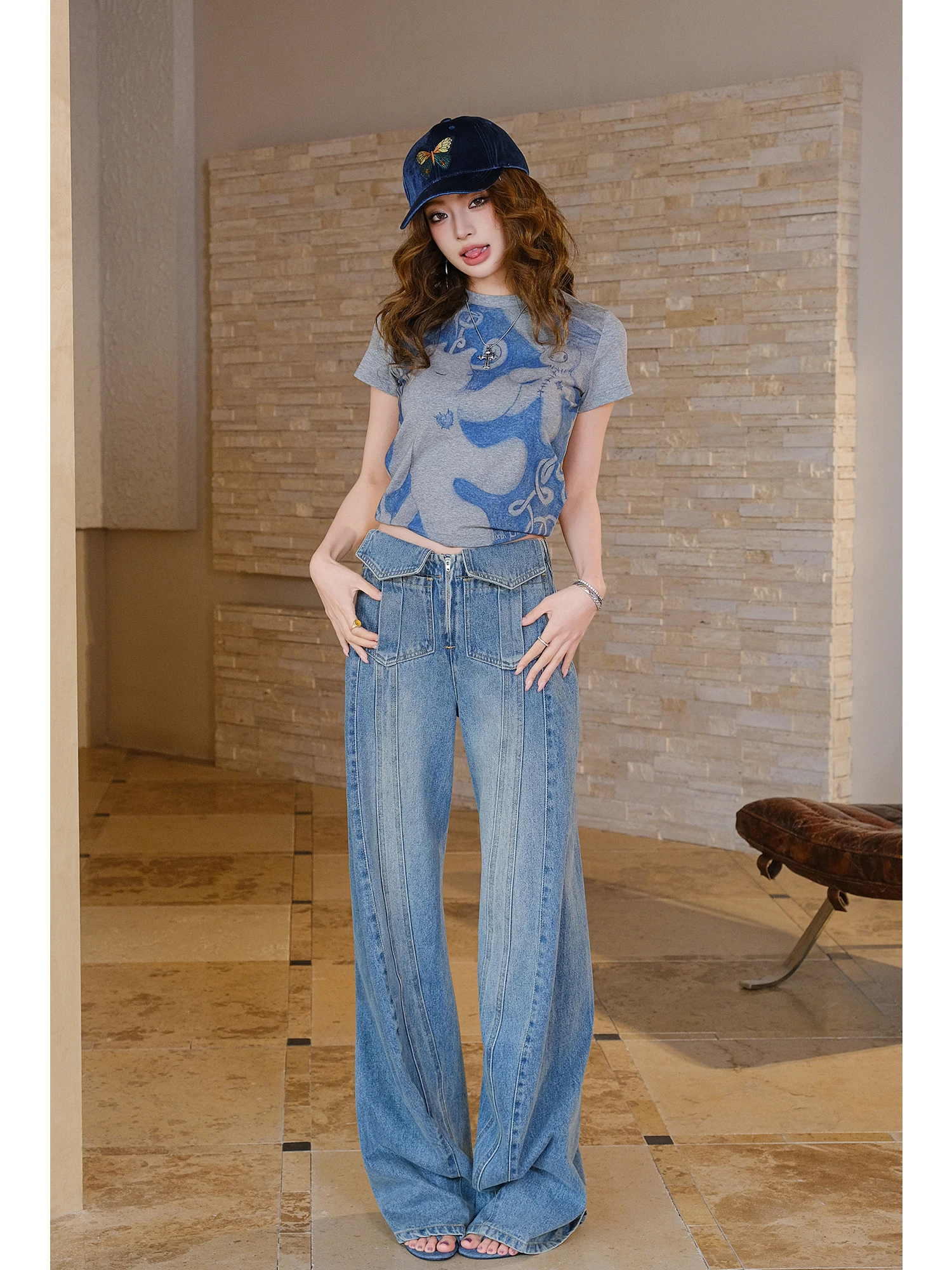 Loose American Design Women's Jeans High Waist Slimming Wide Leg Floor-Length Deep Blue Spring Faion Ladies' Denim Pants
Loose American Design Women's Jeans High Waist Slimming Wide Leg Floor-Length Deep Blue Spring Faion Ladies' Denim Pants