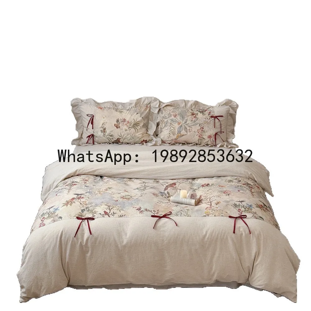 PYJ French romantic style elegant wind cotton and linen four-piece set floral red ribbon quilt cover bed sheet
PYJ French romantic style elegant wind cotton and linen four-piece set floral red ribbon quilt cover bed sheet