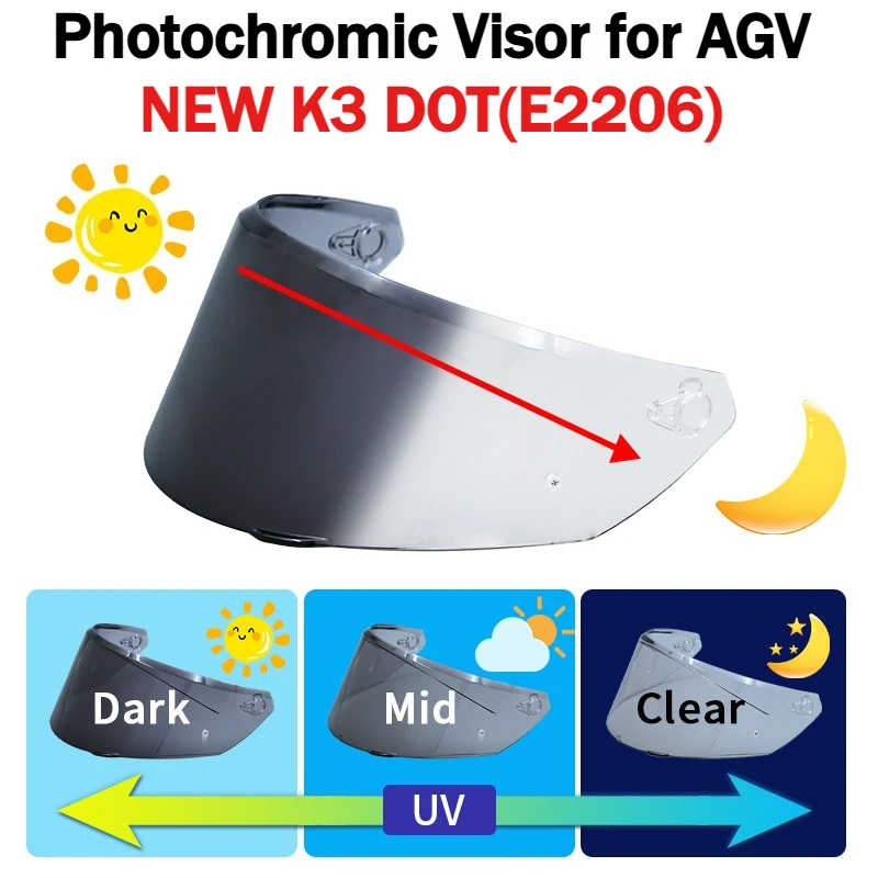 Photochromic Visor for AGV NEW K3 DOT(E2206) k3(2023) Motorcycle Helmet Lens Windshield Shield Goggles Screen Mica Accessories
Photochromic Visor for AGV NEW K3 DOT(E2206) k3(2023) Motorcycle Helmet Lens Windshield Shield Goggles Screen Mica Accessories
