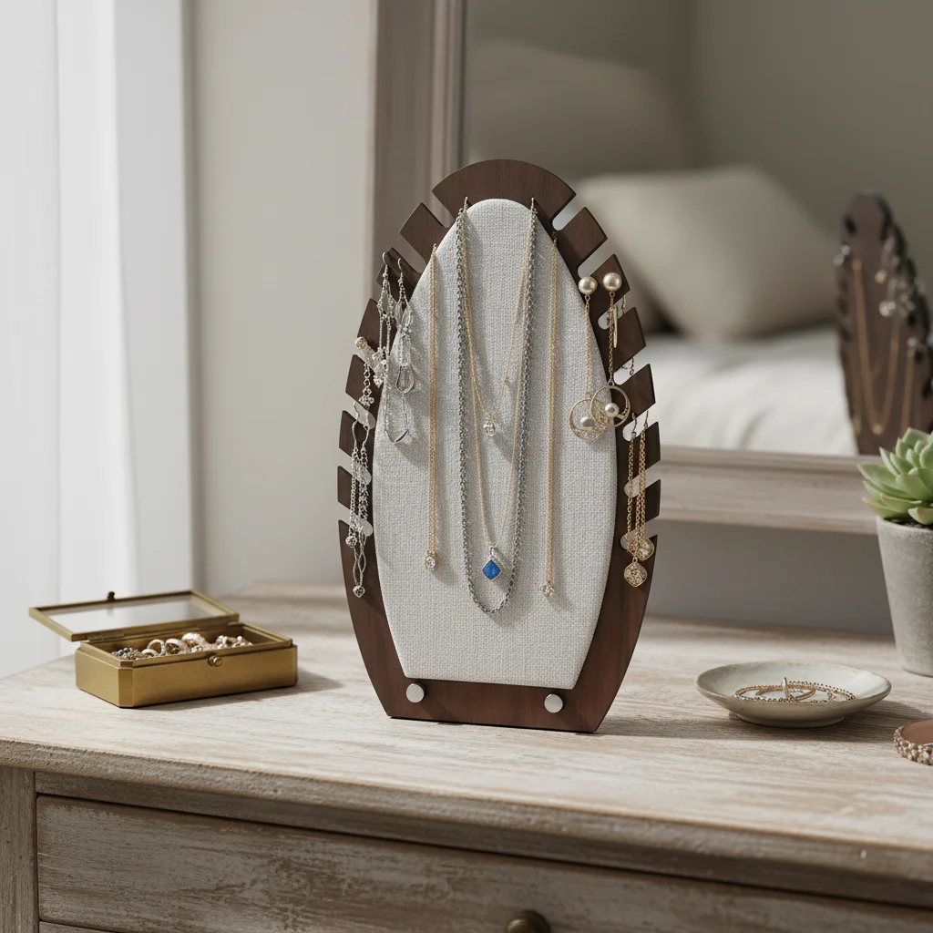 Walnut Color Linen Necklace Display Stand With Detachable Design For Jewelry Presentation
Walnut Color Linen Necklace Display Stand With Detachable Design For Jewelry Presentation