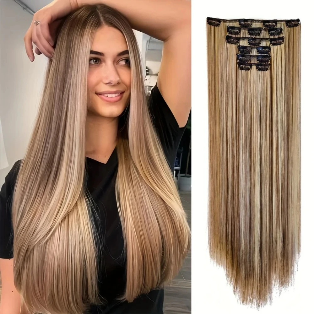Clip in Hair Extensions Thick Long Lace Weft Lightweight Synthetic Hairpieces for Women Brown with Golden Blonde Clips Hair
Clip in Hair Extensions Thick Long Lace Weft Lightweight Synthetic Hairpieces for Women Brown with Golden Blonde Clips Hair