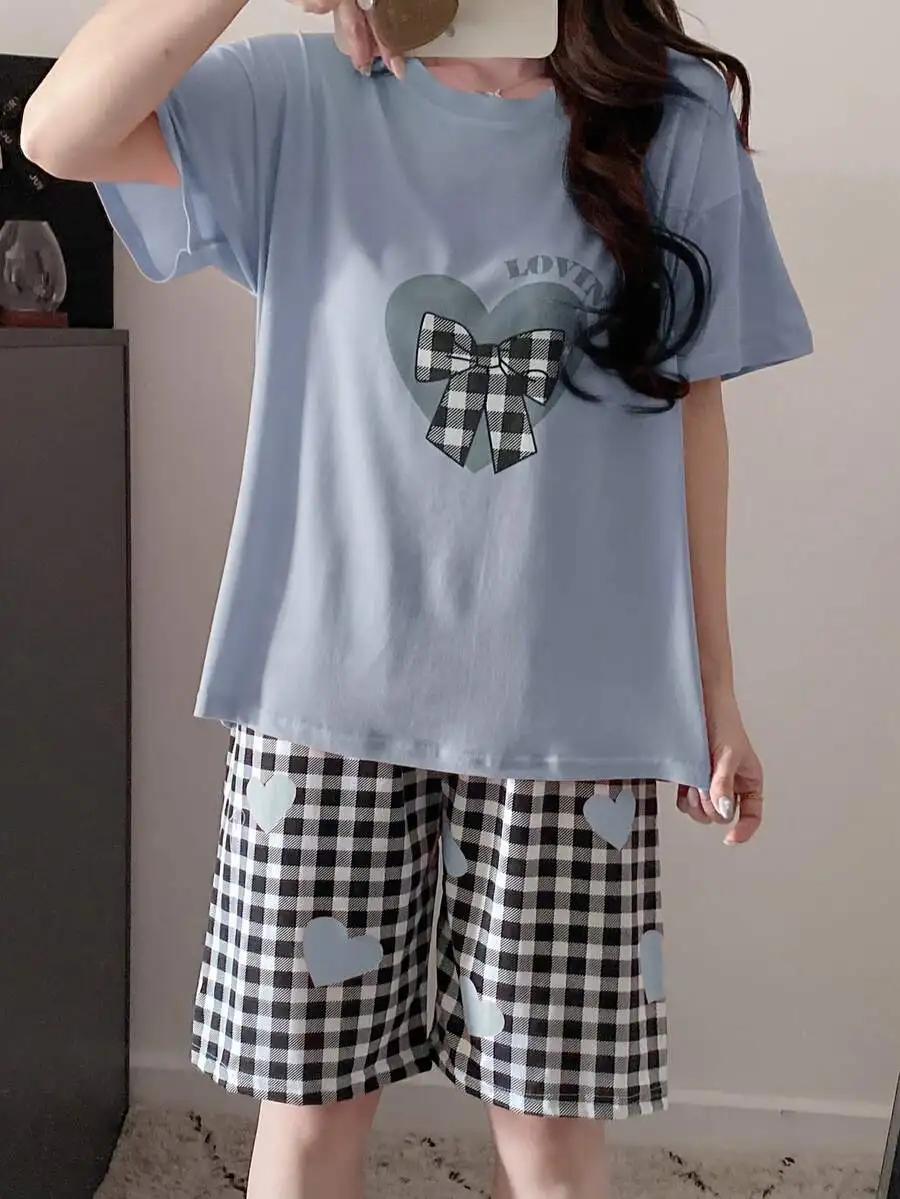 Heart And Plaid Print Women Pajama Set Short Sleeve Round Neck Top And Shorts Knit Fabric Spring Summer Casual Loose Fit
Heart And Plaid Print Women Pajama Set Short Sleeve Round Neck Top And Shorts Knit Fabric Spring Summer Casual Loose Fit