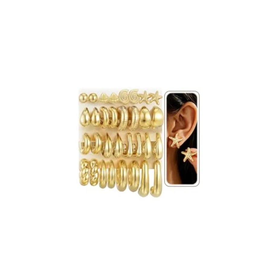 16 Pairs Starfish Chunky Gold Hoop Earrings Set for Women, Beach Shell Style Stack Statement Earrings, Hypoallergenic Lightweig
16 Pairs Starfish Chunky Gold Hoop Earrings Set for Women, Beach Shell Style Stack Statement Earrings, Hypoallergenic Lightweig