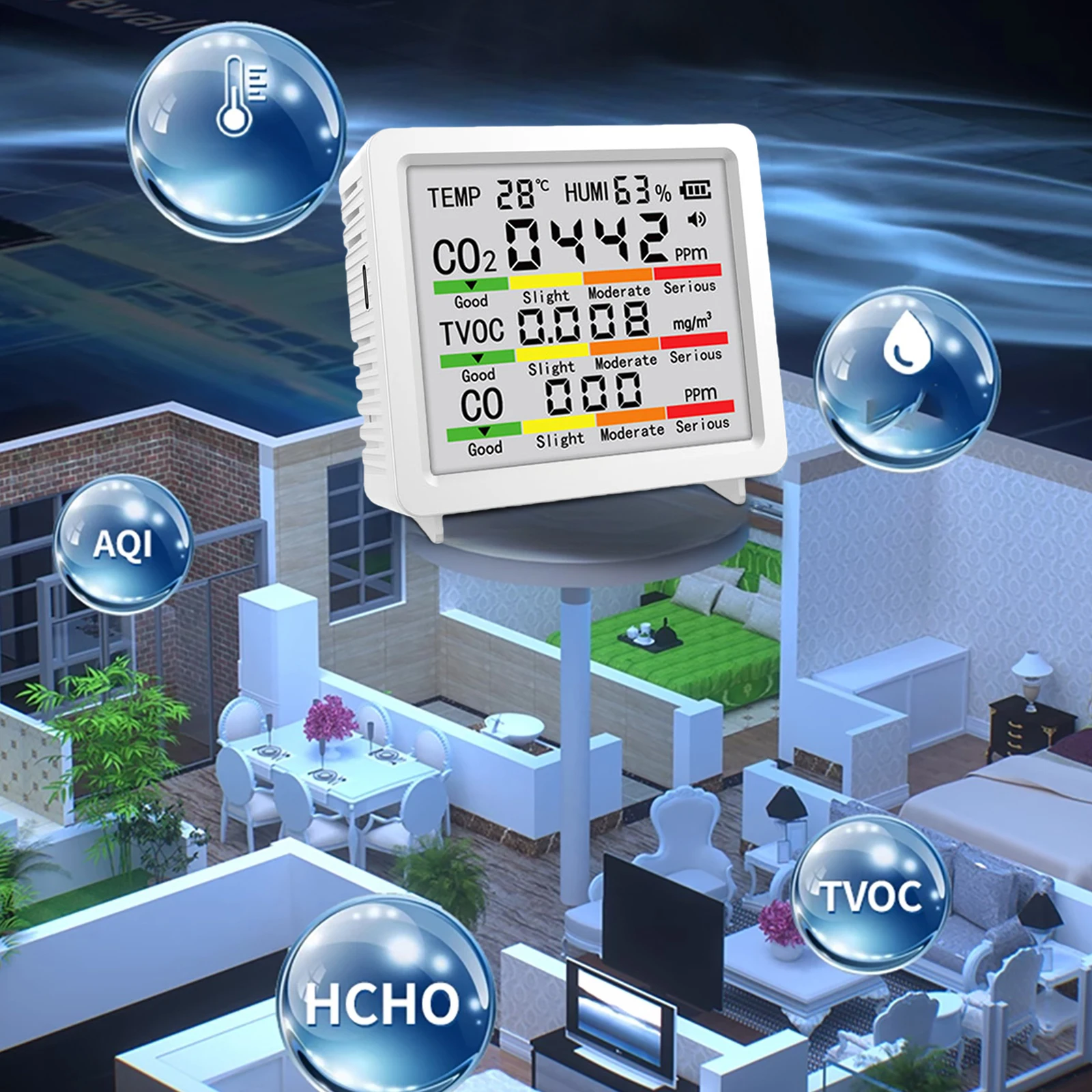 Портативный умный тестер качества воздуха: детектор TVOC, температуры, влажности, CO, CO2; портативный монитор CO2 для дома, отеля, офиса, автомобиля
Портативный умный тестер качества воздуха: детектор TVOC, температуры, влажности, CO, CO2; портативный монитор CO2 для дома, отеля, офиса, автомобиля