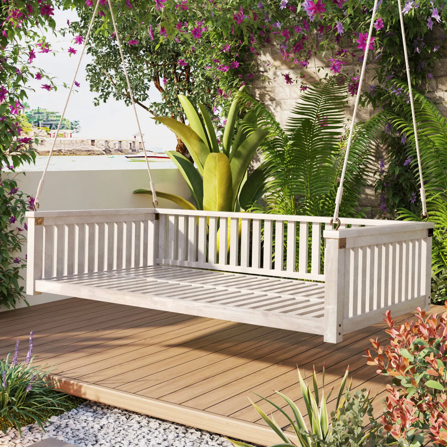 TOPMAX Patio Minimalist Twin Size Garden Swing Bed Wood Porch Swing with Ropes for Backyard, Safe Sloped Design, White
TOPMAX Patio Minimalist Twin Size Garden Swing Bed Wood Porch Swing with Ropes for Backyard, Safe Sloped Design, White
