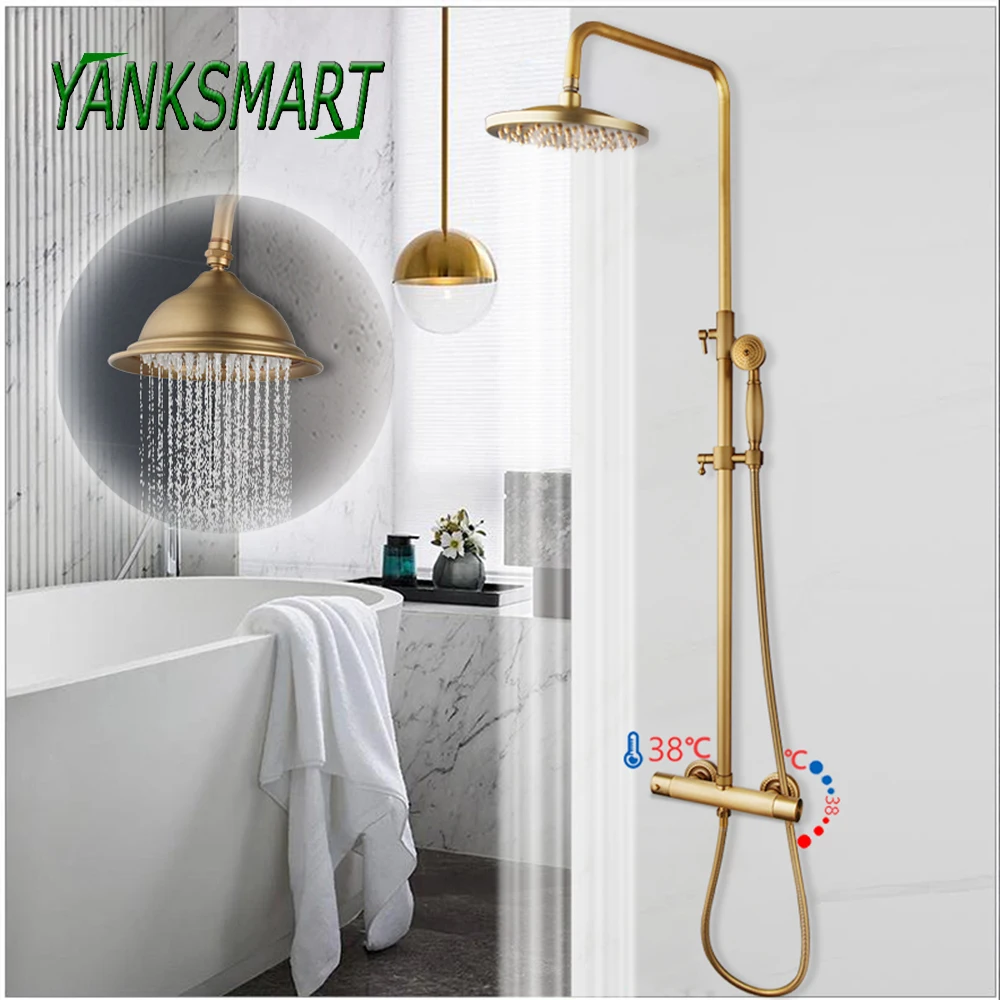 YANKSMART Antique Brass Thermostatic Bathroom Shower Faucet Set Wall Mount Rainfall Shower System Hot and Cold Control Mixer Tap
YANKSMART Antique Brass Thermostatic Bathroom Shower Faucet Set Wall Mount Rainfall Shower System Hot and Cold Control Mixer Tap
