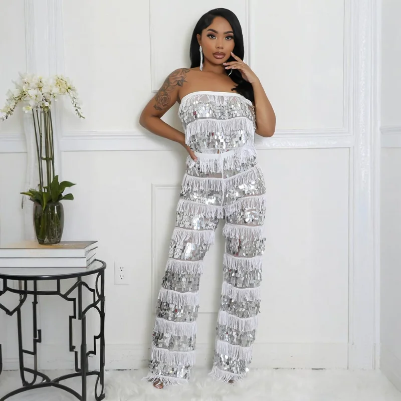 Women Sexy Sequins Tassel Mesh 2 Piece Set Strapless Lace Up Backless Tank Crop Tops + Wide Leg Pants Party Clubwear Suits
Women Sexy Sequins Tassel Mesh 2 Piece Set Strapless Lace Up Backless Tank Crop Tops + Wide Leg Pants Party Clubwear Suits
