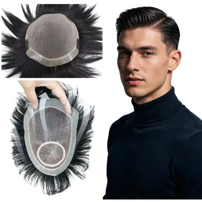 Men Hair Replacement 100% Human Hair Mono Base 6 Inch Short PU Edge Lace Front With Snap Clips Fully Hand Tied Off Black