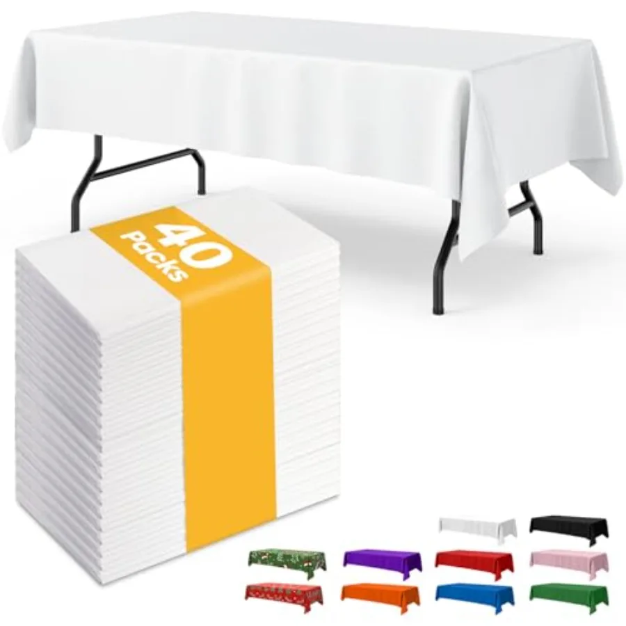 Plastic Table Cloth - 40 Pack 54" × 108" Rectangle Disposable Tablecloths for 6Feet Tables, Table Cover for Party, Holiday and
Plastic Table Cloth - 40 Pack 54" × 108" Rectangle Disposable Tablecloths for 6Feet Tables, Table Cover for Party, Holiday and