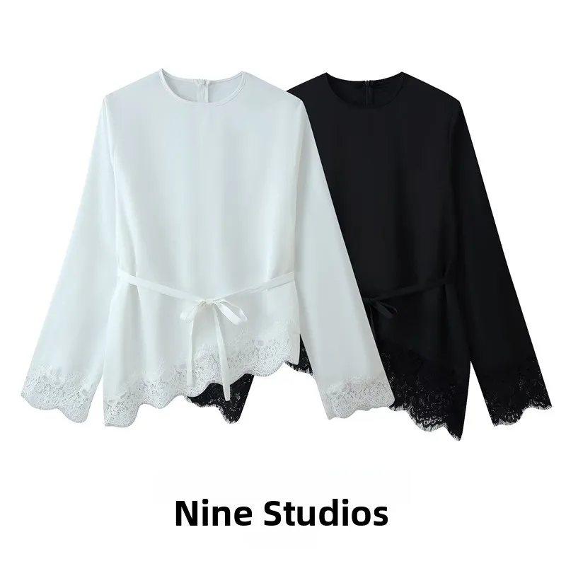 NINE ZAR Women's Lace Patchwork Silk Loose Color Belted Casual Long Sve irt European Sle round Ne Spring Faion
NINE ZAR Women's Lace Patchwork Silk Loose Color Belted Casual Long Sve irt European Sle round Ne Spring Faion