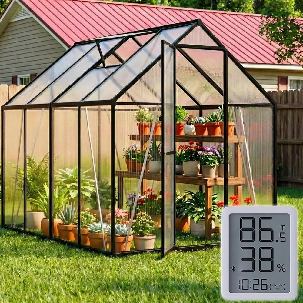6x8 Walk-in Greenhouse with Hygrometer for Outdoor Gardening and Planting
6x8 Walk-in Greenhouse with Hygrometer for Outdoor Gardening and Planting