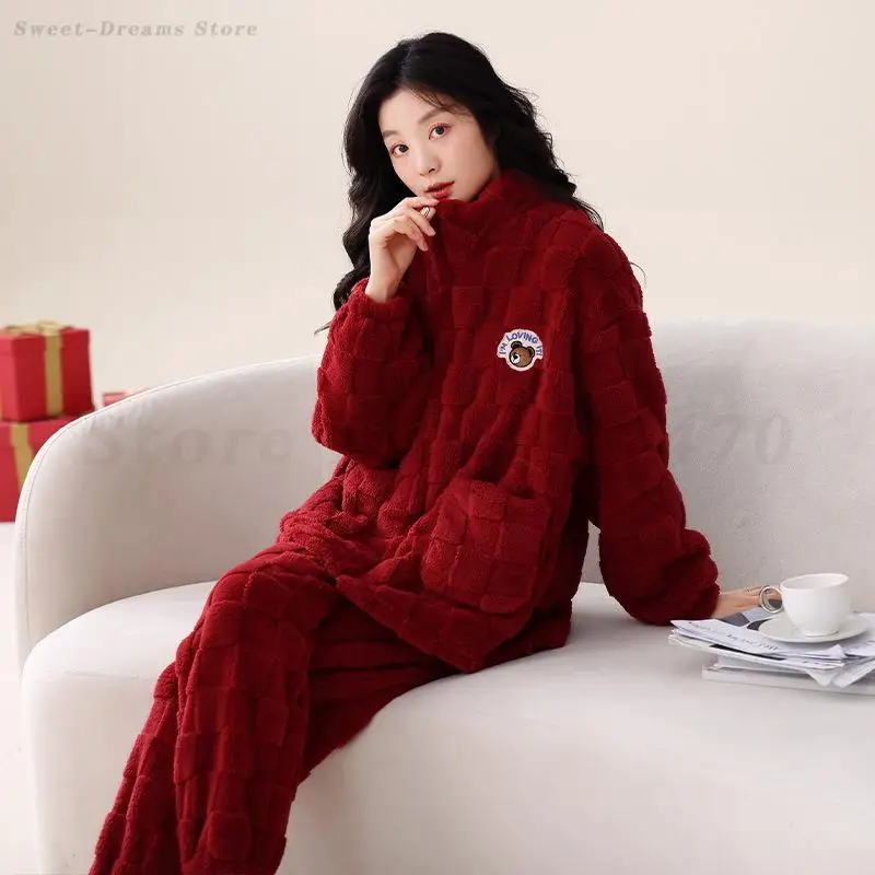 Winter Sleepwear Red Bridal Pajamas Set Loungewear Thick Flannel Nightwear Women Casual Home Clothing Coral Fleece Pyjamas Suit
Winter Sleepwear Red Bridal Pajamas Set Loungewear Thick Flannel Nightwear Women Casual Home Clothing Coral Fleece Pyjamas Suit