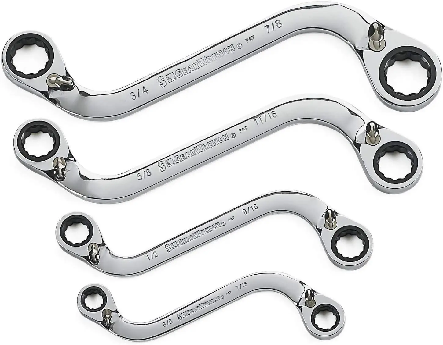 4 Pc. 12 Pt. Reversible S-Shape Double Box Ratcheting Wrench Set, SAE - Minimal 5° Swing