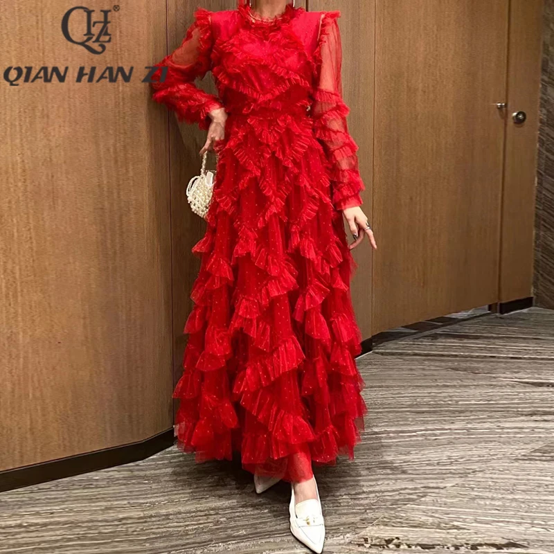 QHZ Designer Fashion Elegant Long Dress Women's Long Sleeves Mesh Dots Lace Ruffle edge Vintage Party Maxi dress
QHZ Designer Fashion Elegant Long Dress Women's Long Sleeves Mesh Dots Lace Ruffle edge Vintage Party Maxi dress
