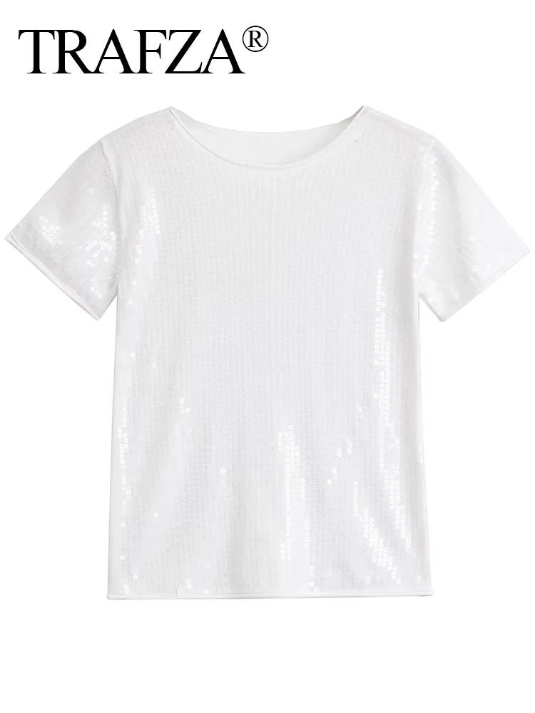 TRAFZA For Summer Female New Top White Solid O-Neck Short Sleeves Sequin Decoration Sweater Versatile Pullover Street Wear Mujer
TRAFZA For Summer Female New Top White Solid O-Neck Short Sleeves Sequin Decoration Sweater Versatile Pullover Street Wear Mujer