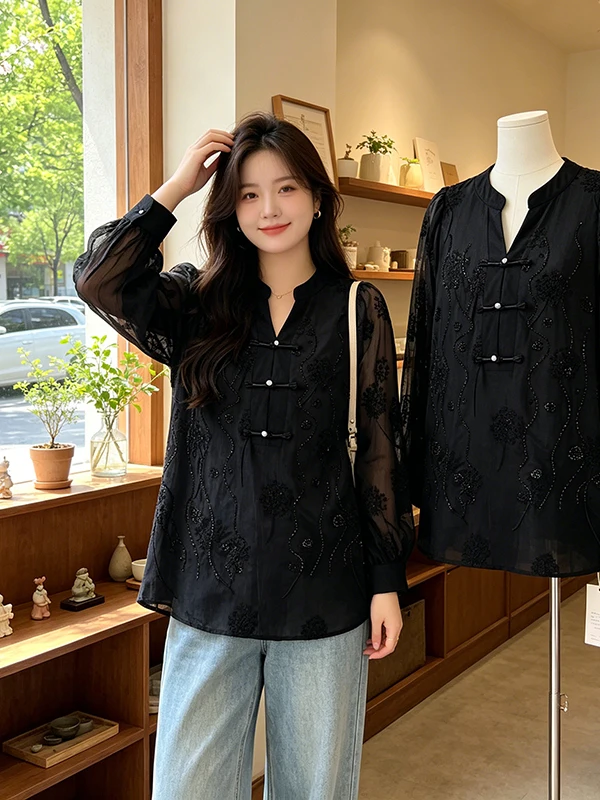 Spring Summer 2026 New Style Black Sequin Long Sleeve Chiffon Shirt Women's Large Size Design Chinese National Style Blouse
Spring Summer 2026 New Style Black Sequin Long Sleeve Chiffon Shirt Women's Large Size Design Chinese National Style Blouse