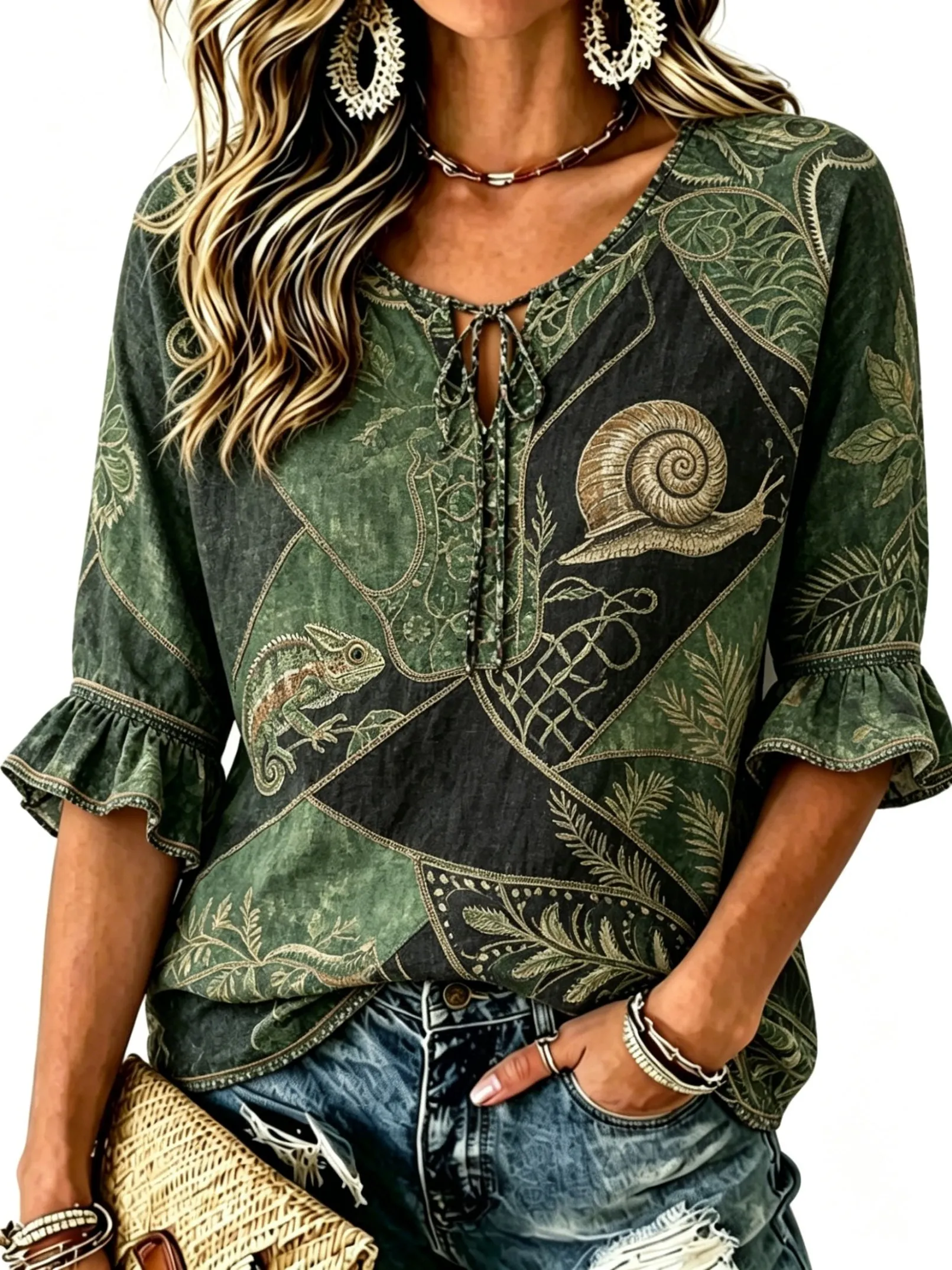 Women's Tie Keyhole Neck Blouse, Vintage Green Patchwork Chameleon Snail Jungle Leaf Print, for Spring Summer Daily Outfits
Women's Tie Keyhole Neck Blouse, Vintage Green Patchwork Chameleon Snail Jungle Leaf Print, for Spring Summer Daily Outfits