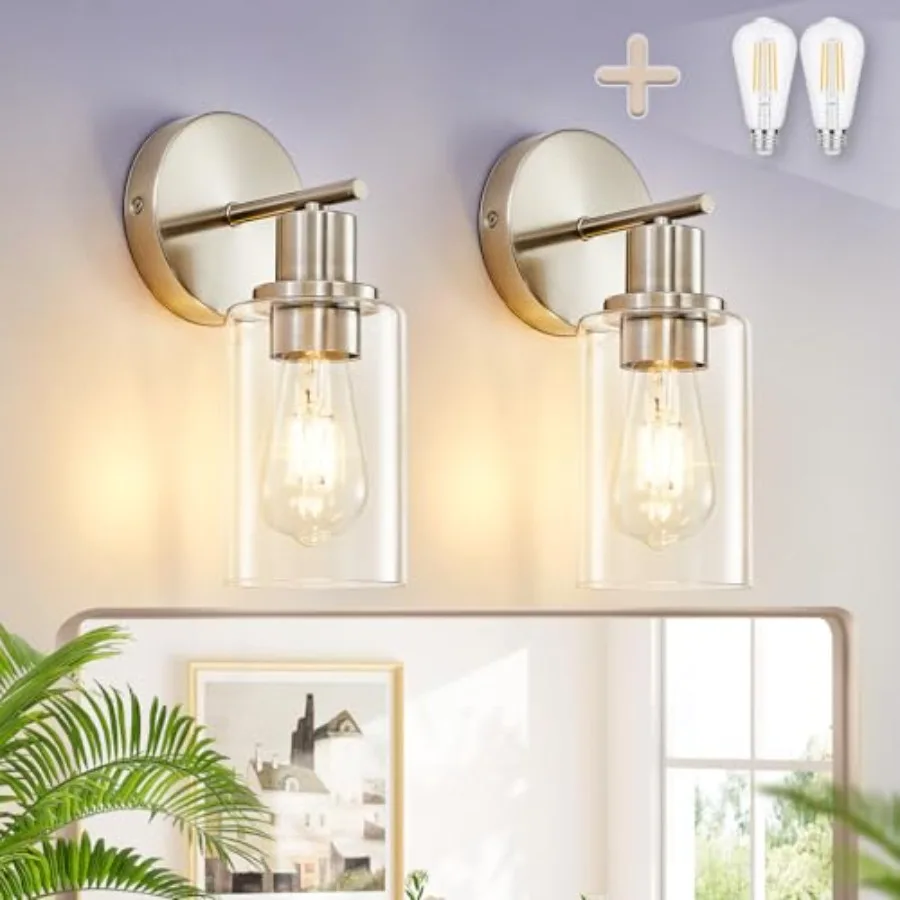 DLLT Wall Sconces Set of Two: Modern Bathroom Vanity Light Fixtures - Nickel Vanity Lights with Clear Glass Shade - Farmhouse W
DLLT Wall Sconces Set of Two: Modern Bathroom Vanity Light Fixtures - Nickel Vanity Lights with Clear Glass Shade - Farmhouse W