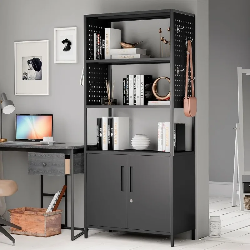 5-Tier Bookshelf, Tall Bookcase with Doors, Modern Display Cabinet with Lock & Pegboard, Metal Storage Organizer Shelves
5-Tier Bookshelf, Tall Bookcase with Doors, Modern Display Cabinet with Lock & Pegboard, Metal Storage Organizer Shelves