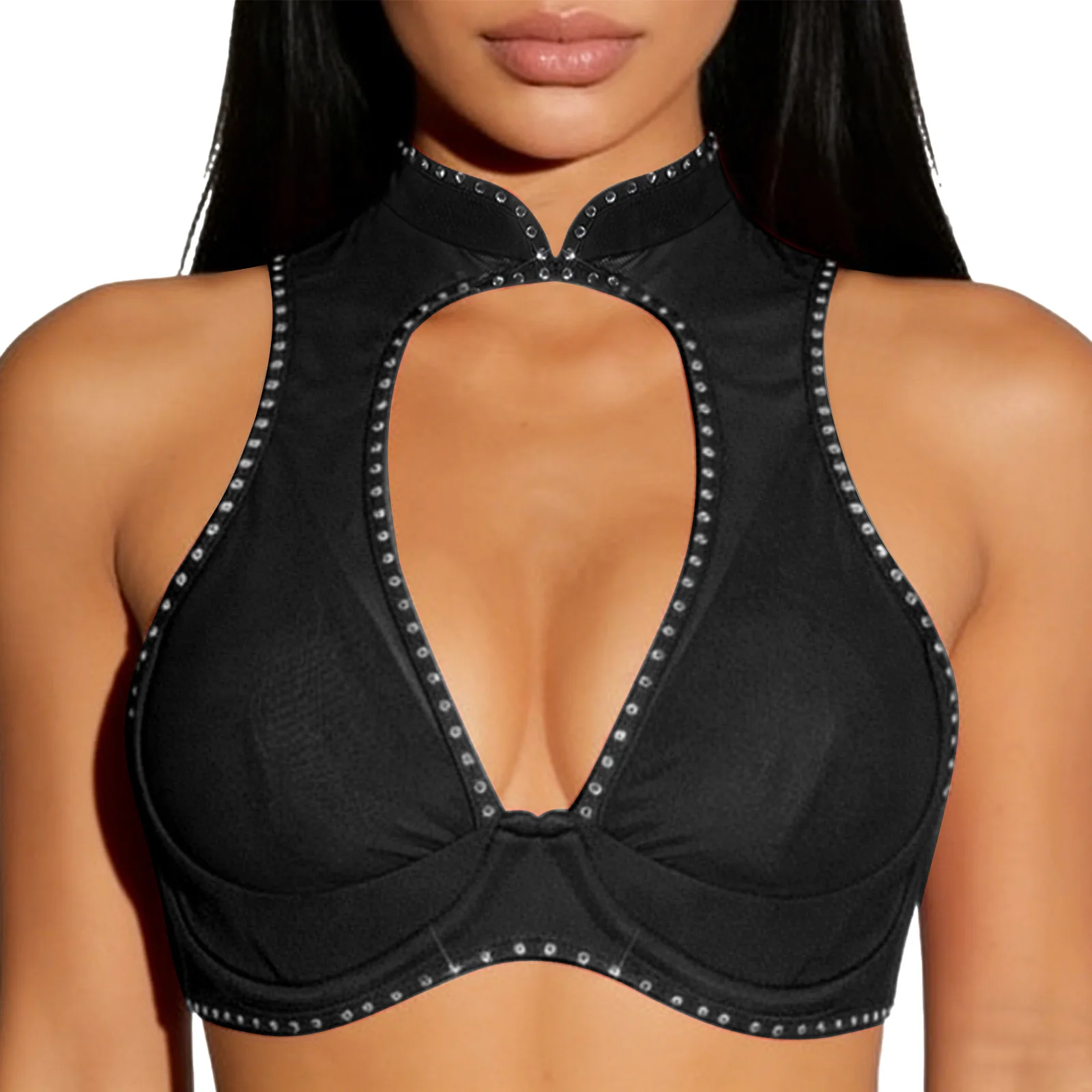 Womens See Through Halter Bustier 1/4 Cup Push-up Underwire Bra Front Hollow Out Sheer Mesh with Rhinestone Corset Crop Top Club
Womens See Through Halter Bustier 1/4 Cup Push-up Underwire Bra Front Hollow Out Sheer Mesh with Rhinestone Corset Crop Top Club